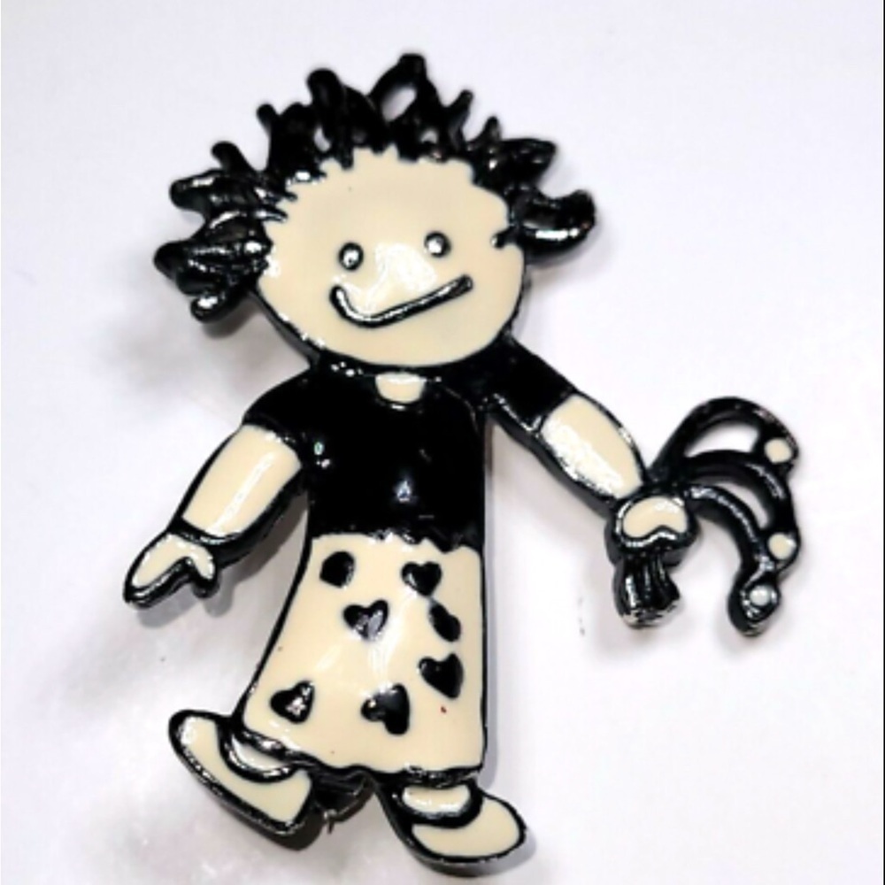 Steinmetz Brooch Pin SFJ Style Doll‎ White and Black Enameled Estate Find 0899